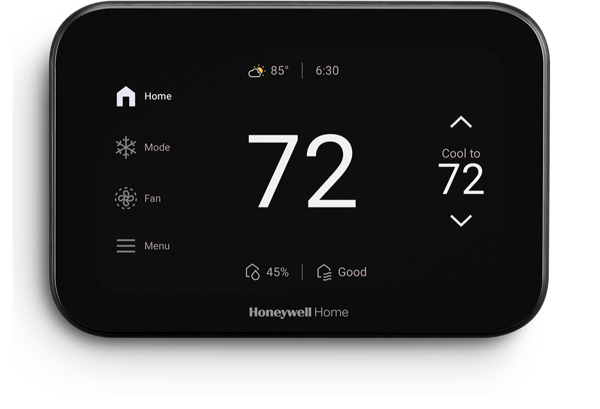 Honeywell Home ElitePRO S1200 smart thermostat with black rectangular touchscreen displaying indoor temperature of 72 degrees.
