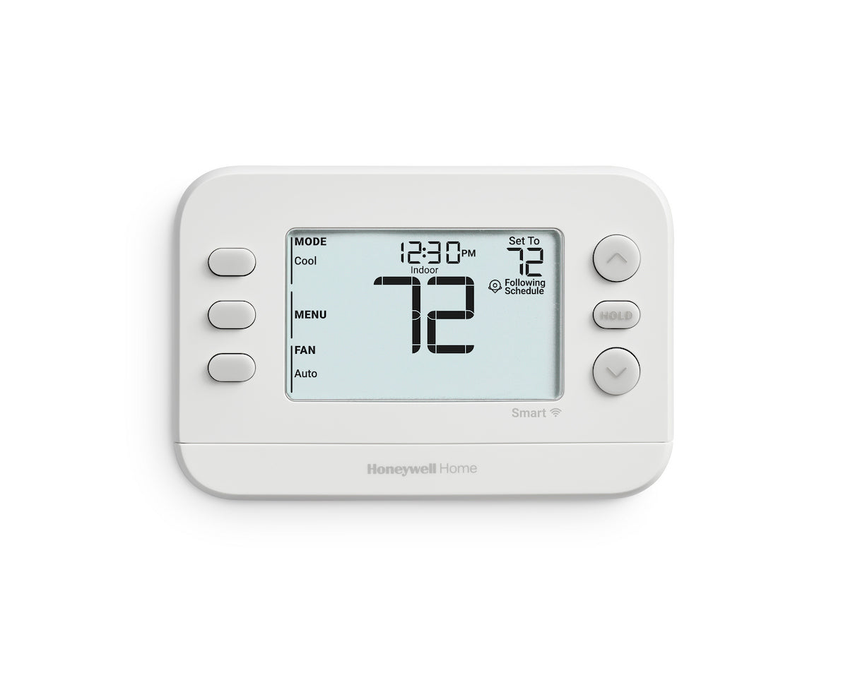 Honeywell Home white FocusPRO S200 smart thermostat with digital screen showing indoor temperature of 72 degrees.