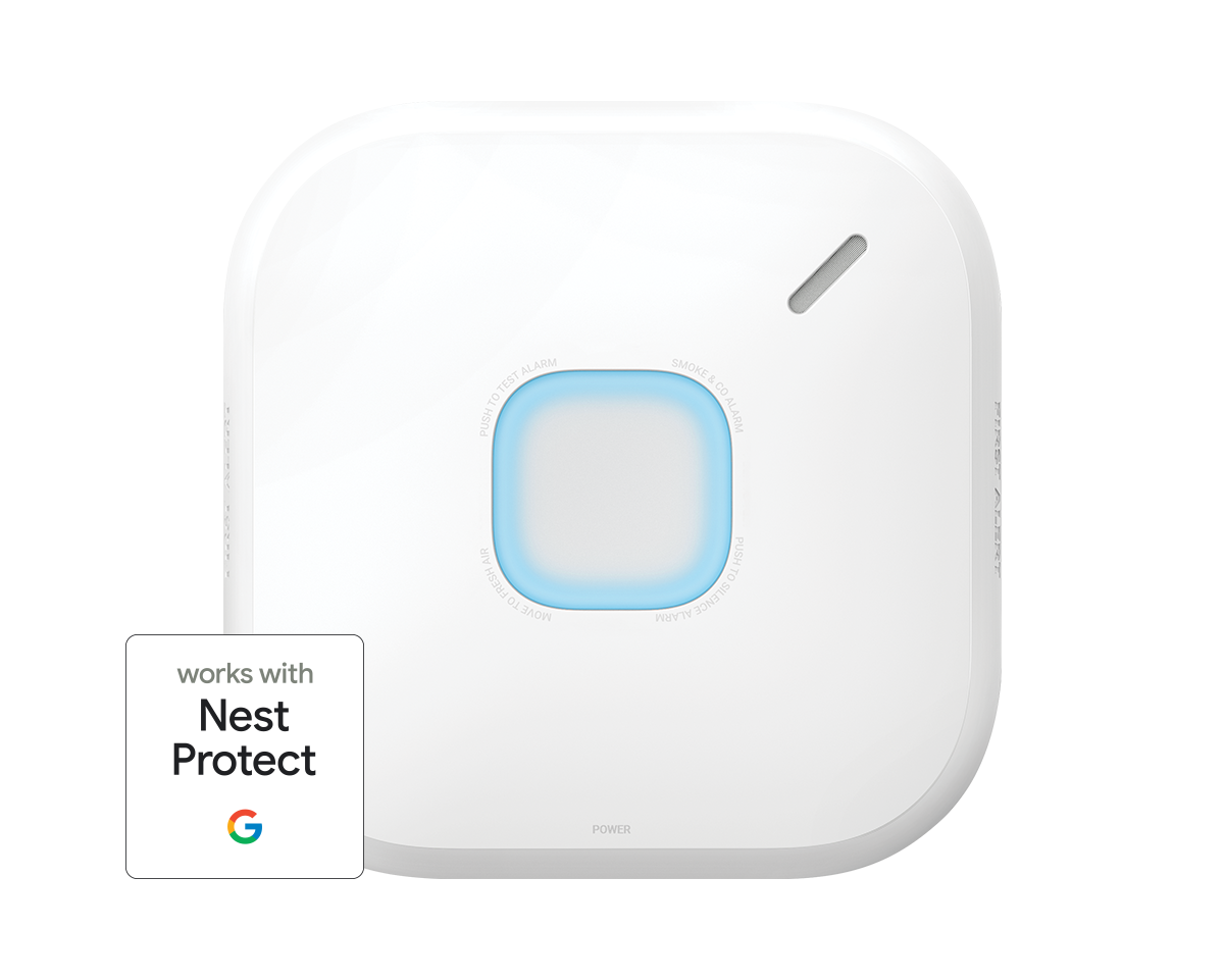 SC5 alarm front image with "Works with Google Nest" badge